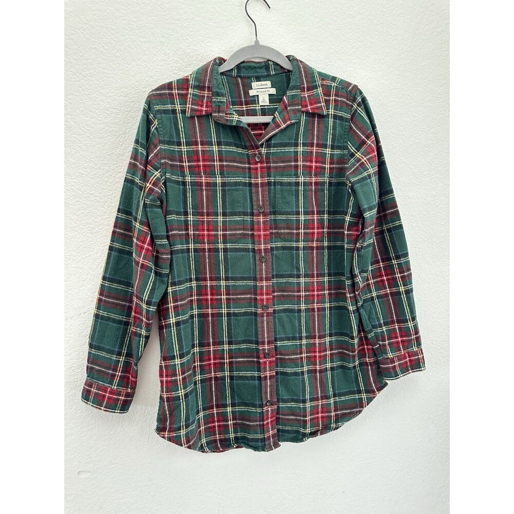 LL Bean Womens S Small Scotch Plaid Flannel Shirt Green Red Tartan Relaxed Fit